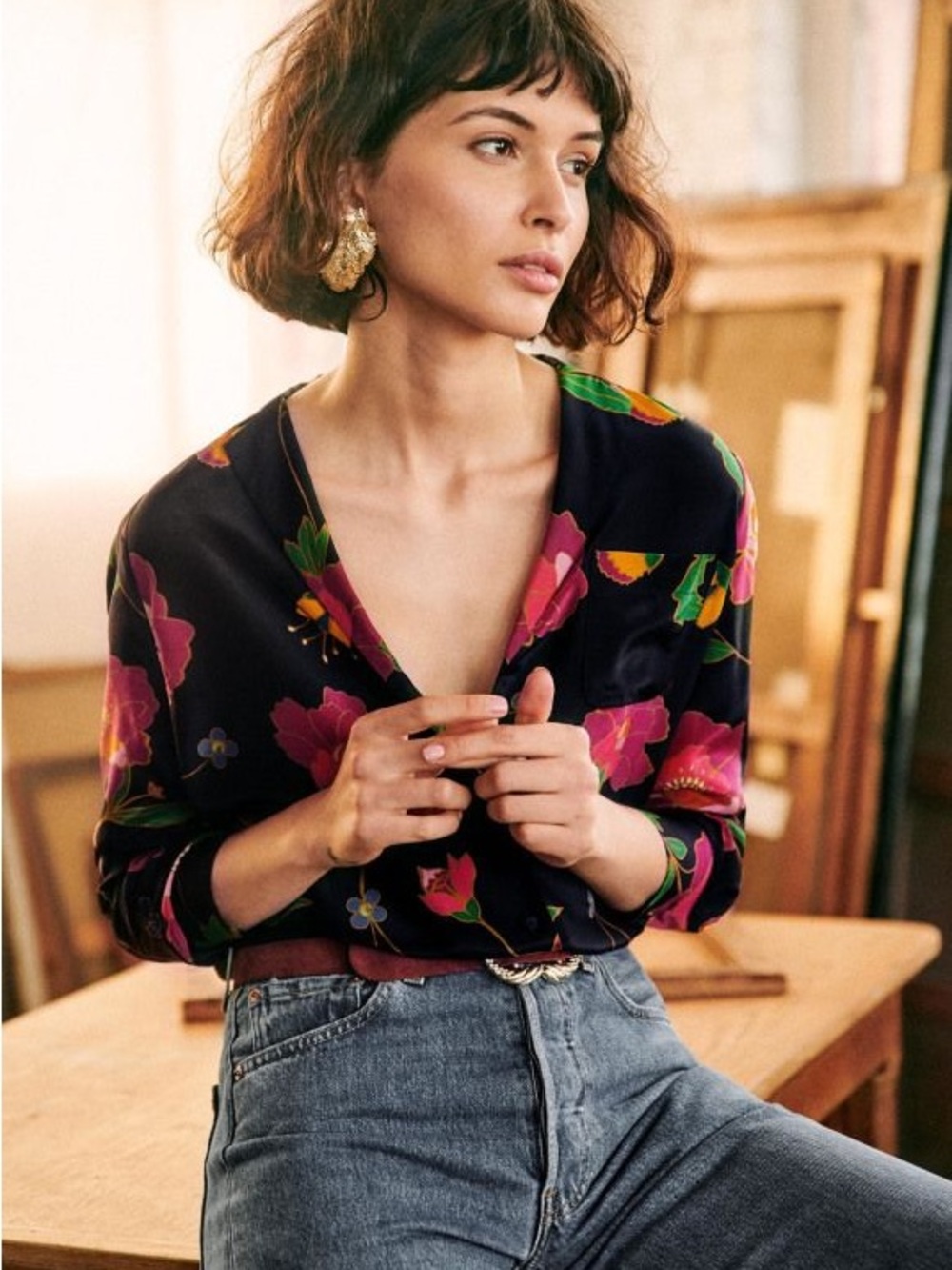 Sezane Florence Silk Shirt Black Multi Floral Button-Up Blouse Size 36 US 4